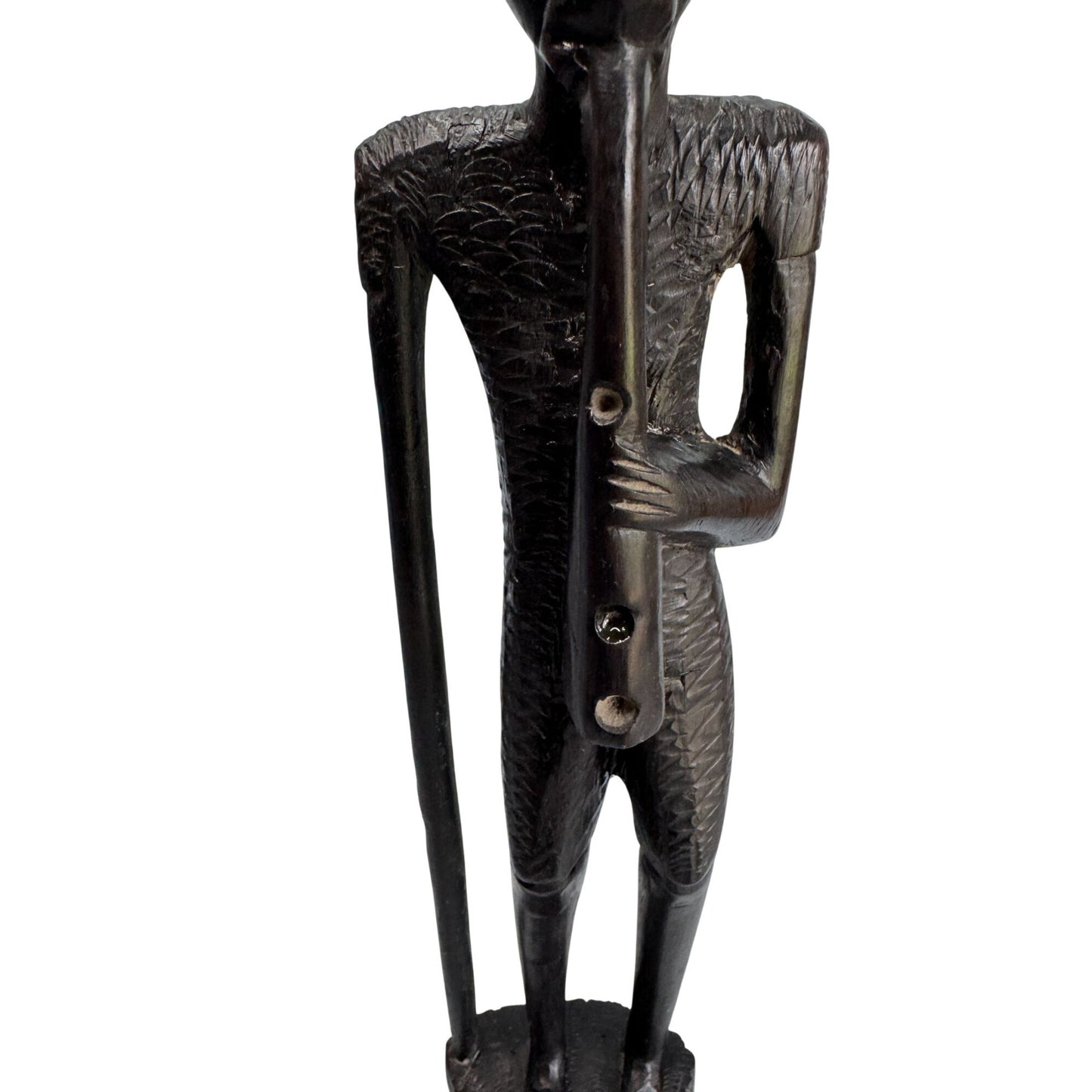 African Tribal Carved Wood Figure Sculpture Flute Player Ebony 15"