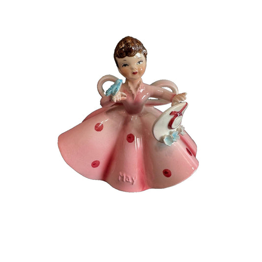 Vintage Lefton "May" Girl Porcelain Figurine 4.5"x4" Pink Dress With Hat & Bluebird