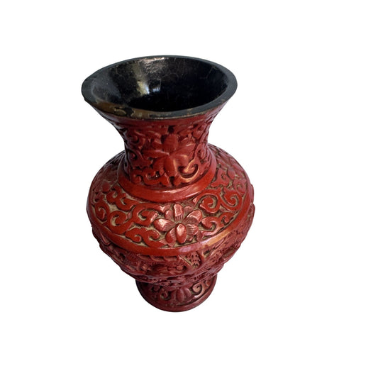 Vintage Hand-Carved Red Cinnabar Vase 4.25" Decorative Floral Design China