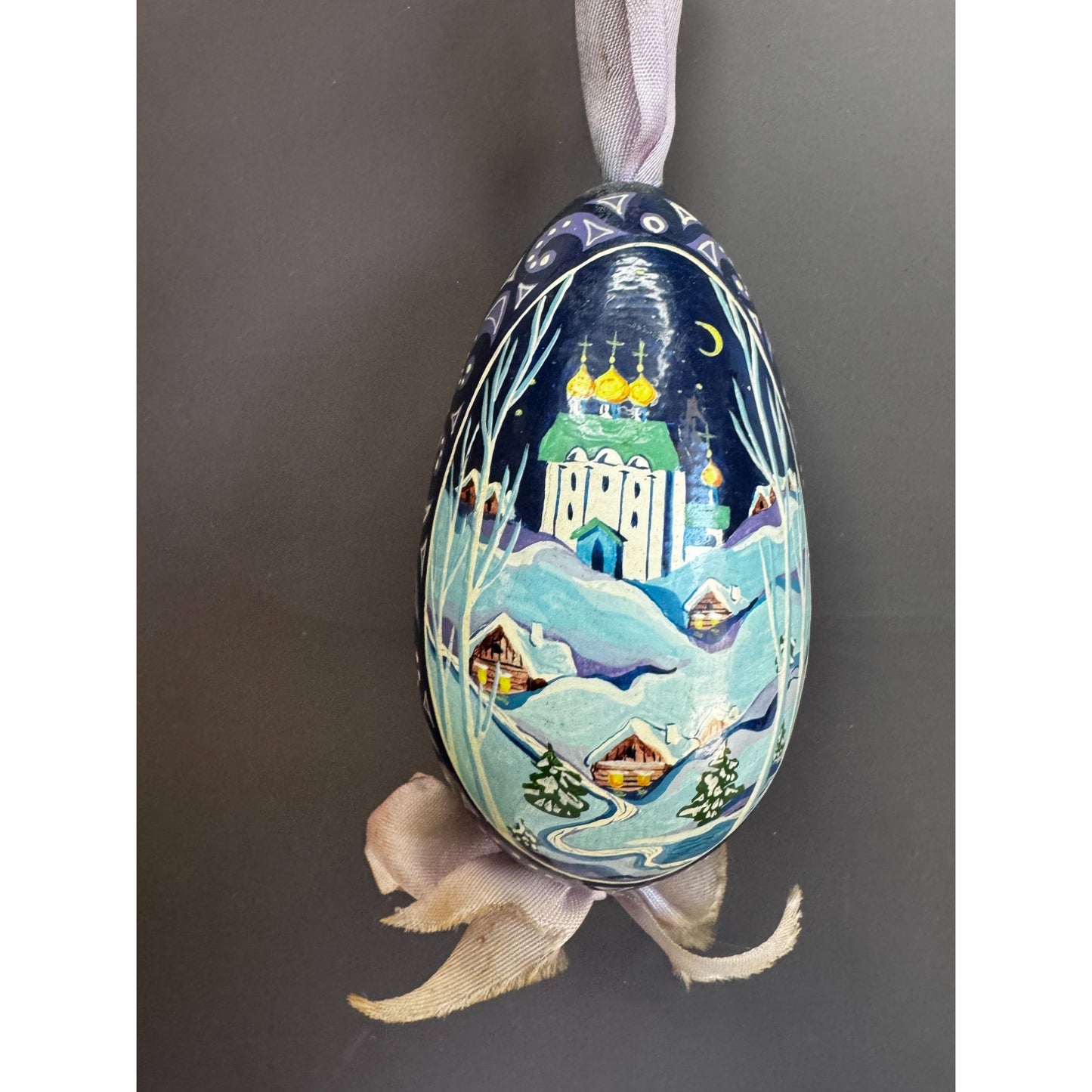 Vintage Russian Egg Ornament Hand Painted Paper Mache Winter Church Christmas 4"
