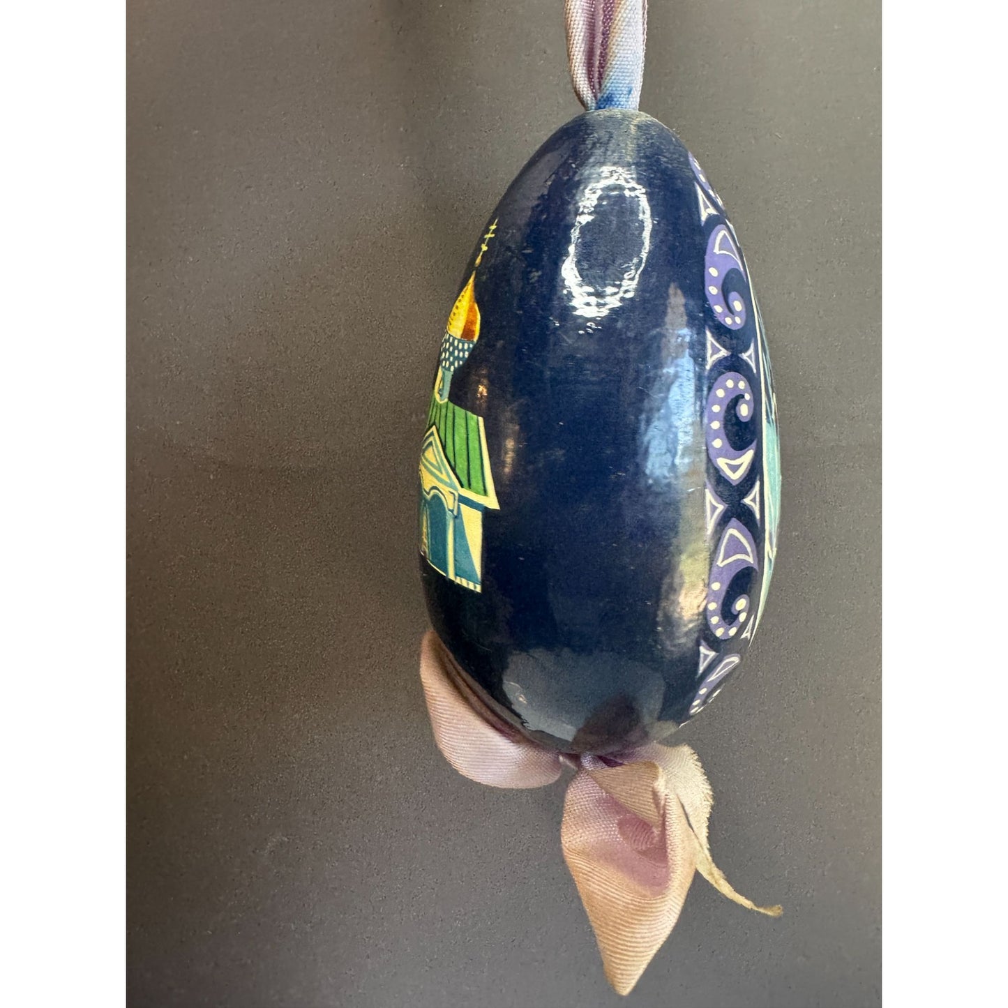 Vintage Russian Egg Ornament Hand Painted Paper Mache Winter Church Christmas 4"
