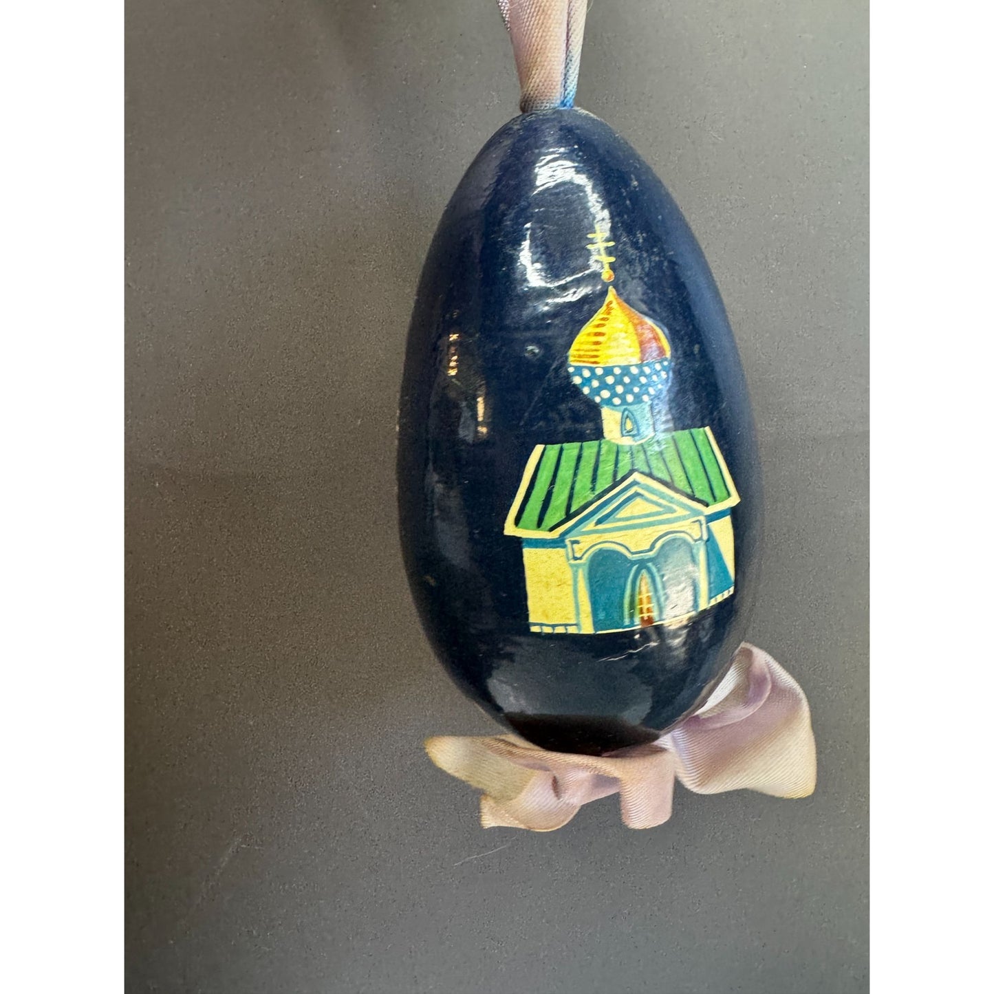 Vintage Russian Egg Ornament Hand Painted Paper Mache Winter Church Christmas 4"