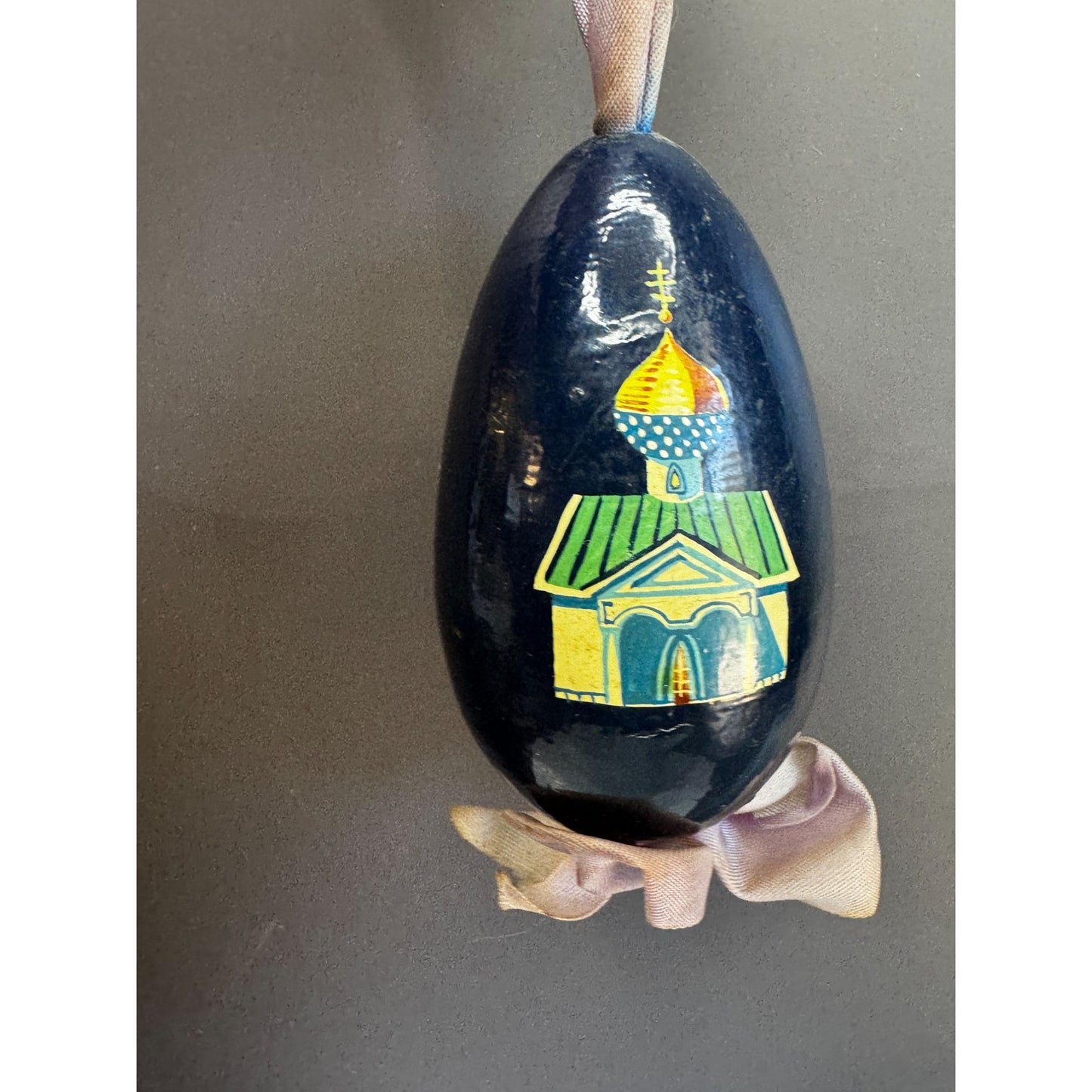 Vintage Russian Egg Ornament Hand Painted Paper Mache Winter Church Christmas 4"