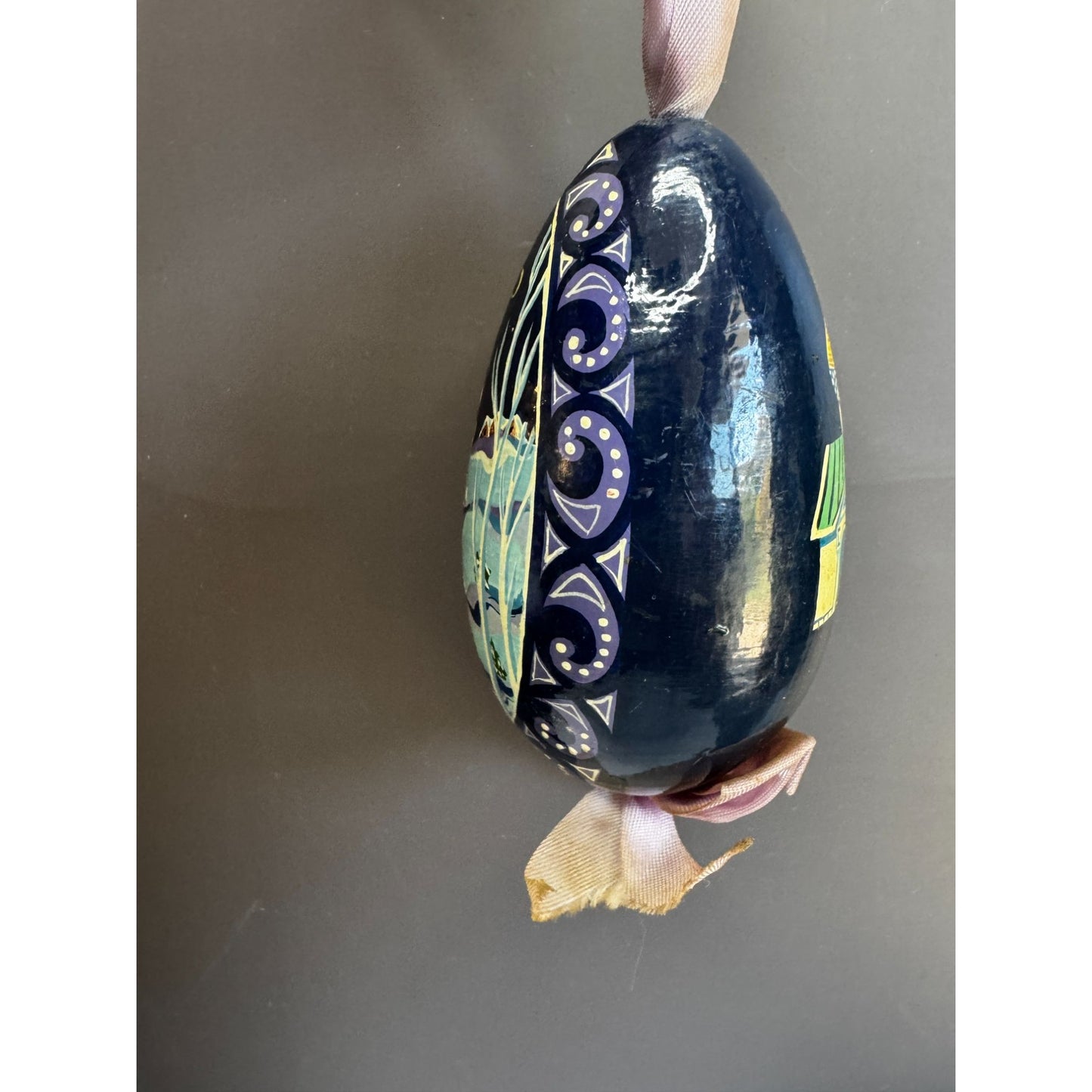 Vintage Russian Egg Ornament Hand Painted Paper Mache Winter Church Christmas 4"
