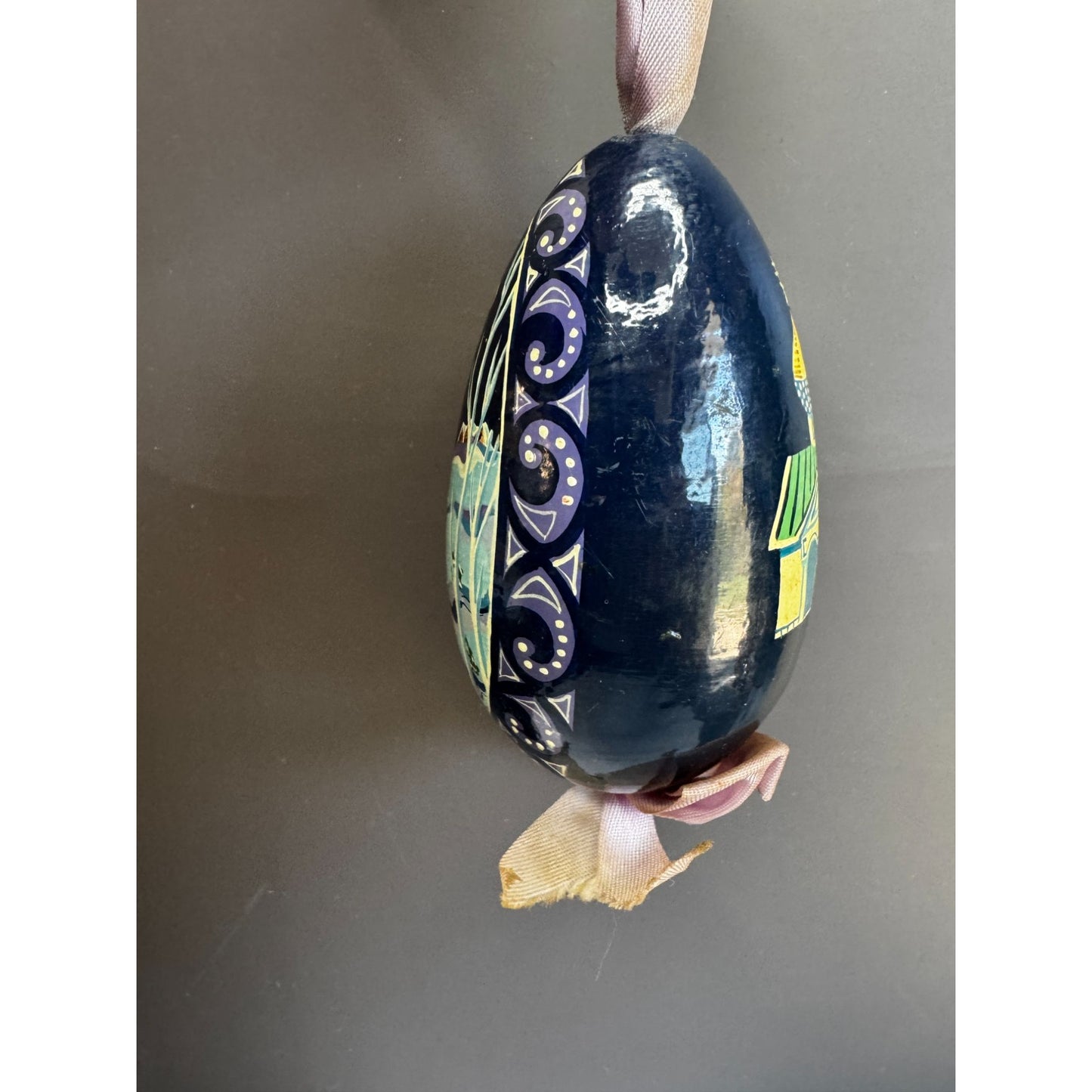 Vintage Russian Egg Ornament Hand Painted Paper Mache Winter Church Christmas 4"