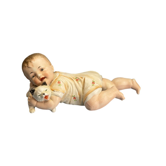 Antique Gebruder Heubach German Piano Baby Figurine With Cat 11 1/2" Hand-Painted Porcelain