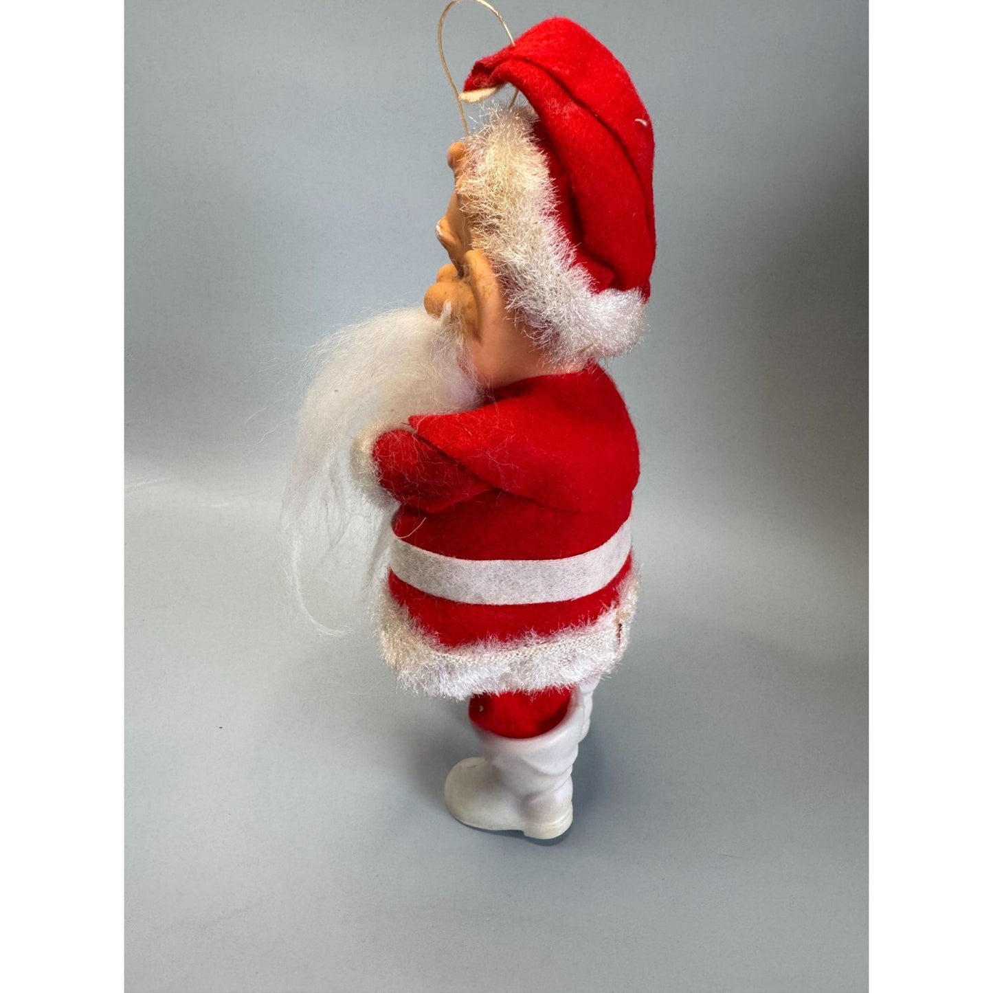 MCM Santa Claus Ornament Rubber Face Felt Spun Cotton Beard White Boots 7 Inch