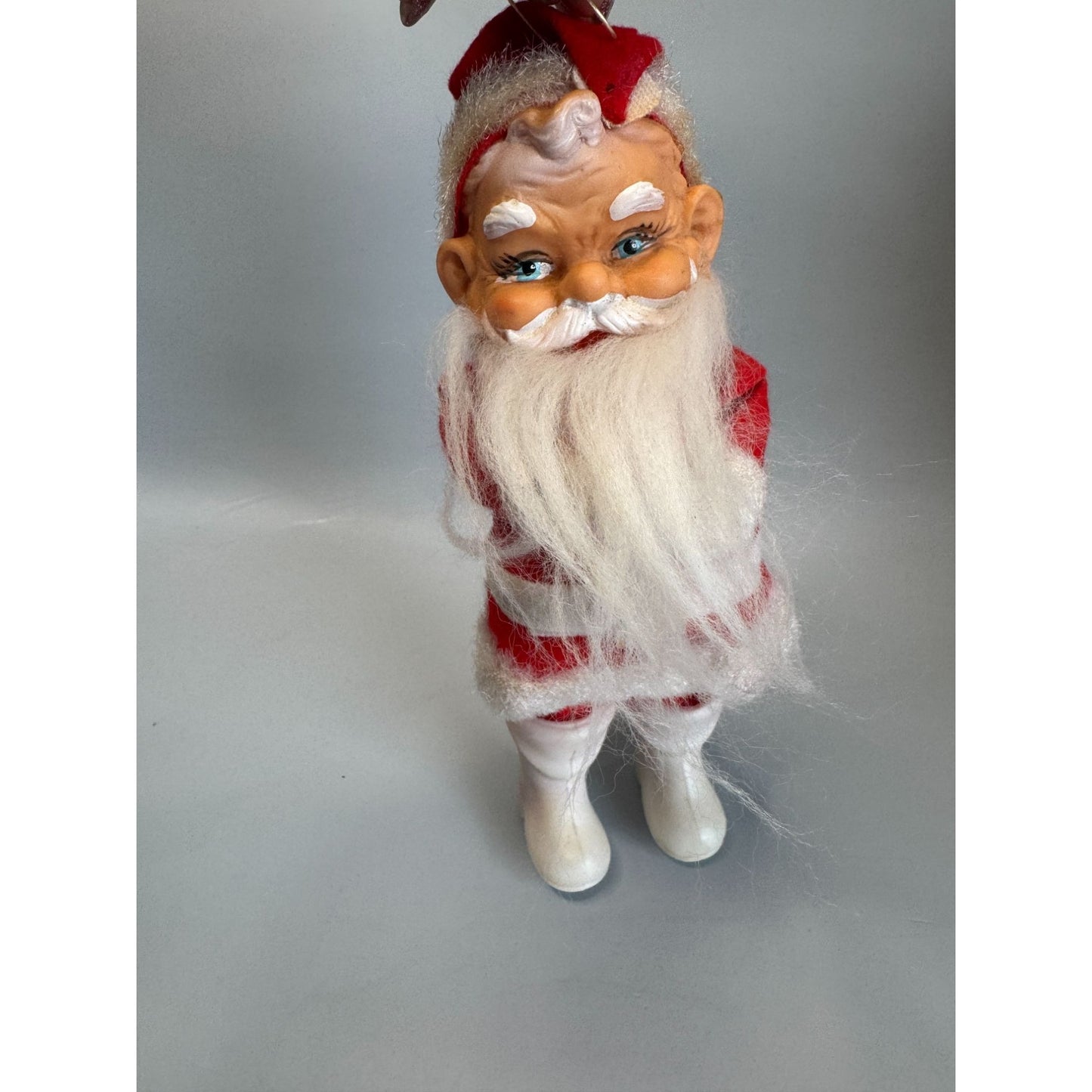 MCM Santa Claus Ornament Rubber Face Felt Spun Cotton Beard White Boots 7 Inch