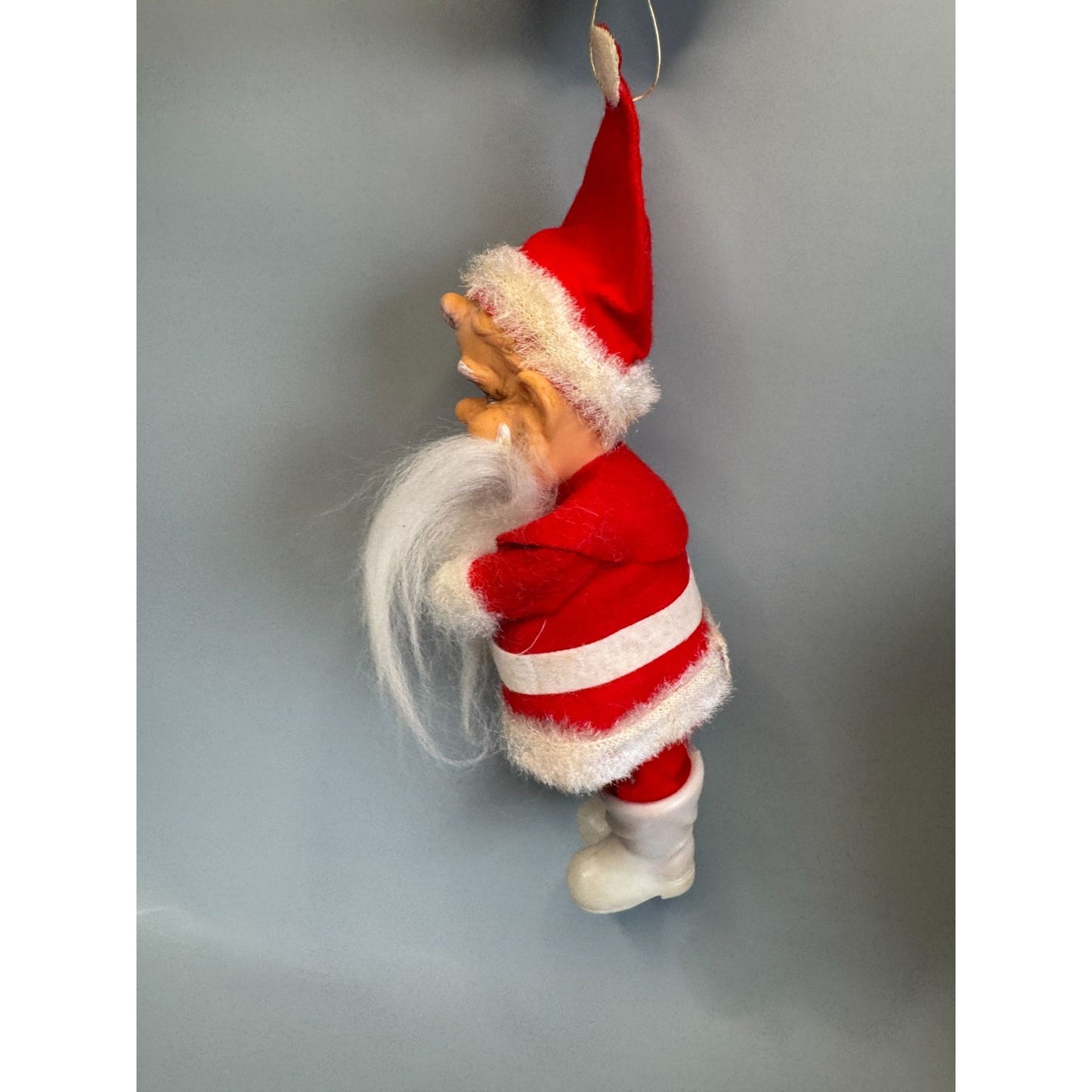 MCM Santa Claus Ornament Rubber Face Felt Spun Cotton Beard White Boots 7 Inch