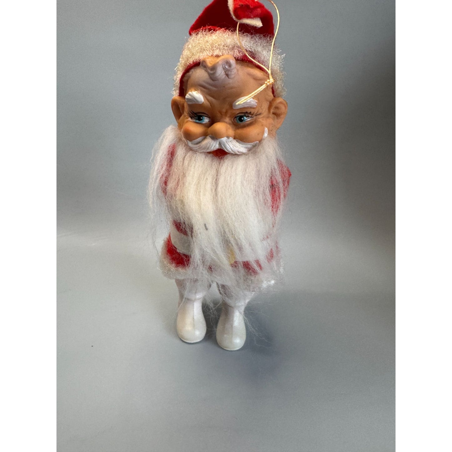 MCM Santa Claus Ornament Rubber Face Felt Spun Cotton Beard White Boots 7 Inch