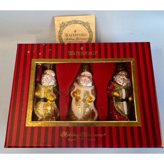 Waterford Holiday Heirlooms Santa Ornaments Set Of 3 Glass 3 1/2 Boxed