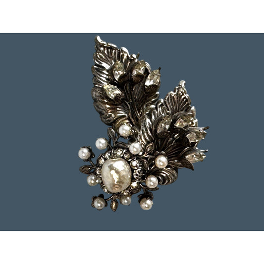 Miriam Haskell Leaf Spray Baroque Pearl Clear Rhinestone Brooch 3" x 2 1/4"