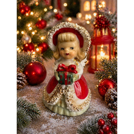 Vintage Lefton Christmas Angel Girl Bell Spaghetti Trim Gold Accents 4 1/2"