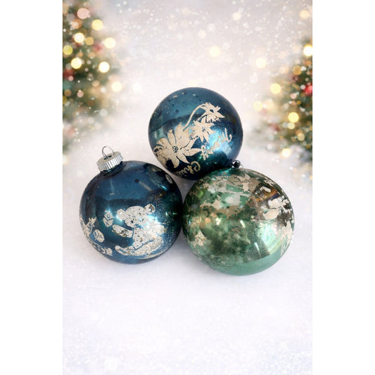Shiny Brite Vintage MCM 4" Large Glass Ornaments Lot Of 3 Stenciled Christmas
