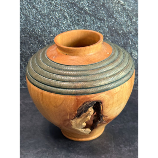 Handcrafted Wooden Vase With Carved Detailing & Natural Knot Design Signed SJ