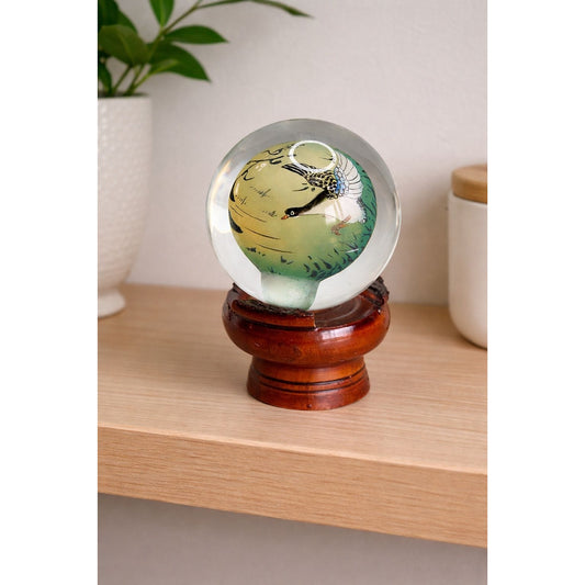 Chinese Reverse Painted Crystal Ball Bird Scene Wood Stand 4 Inch Glass Artwork