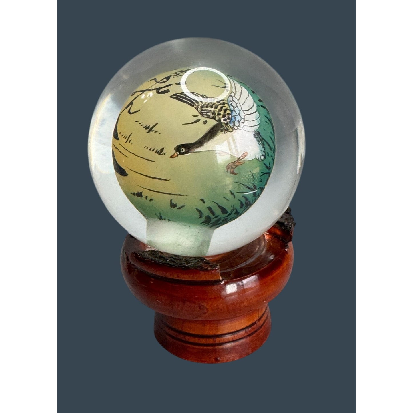 Chinese Reverse Painted Crystal Ball Bird Scene Wood Stand 4 Inch Glass Artwork