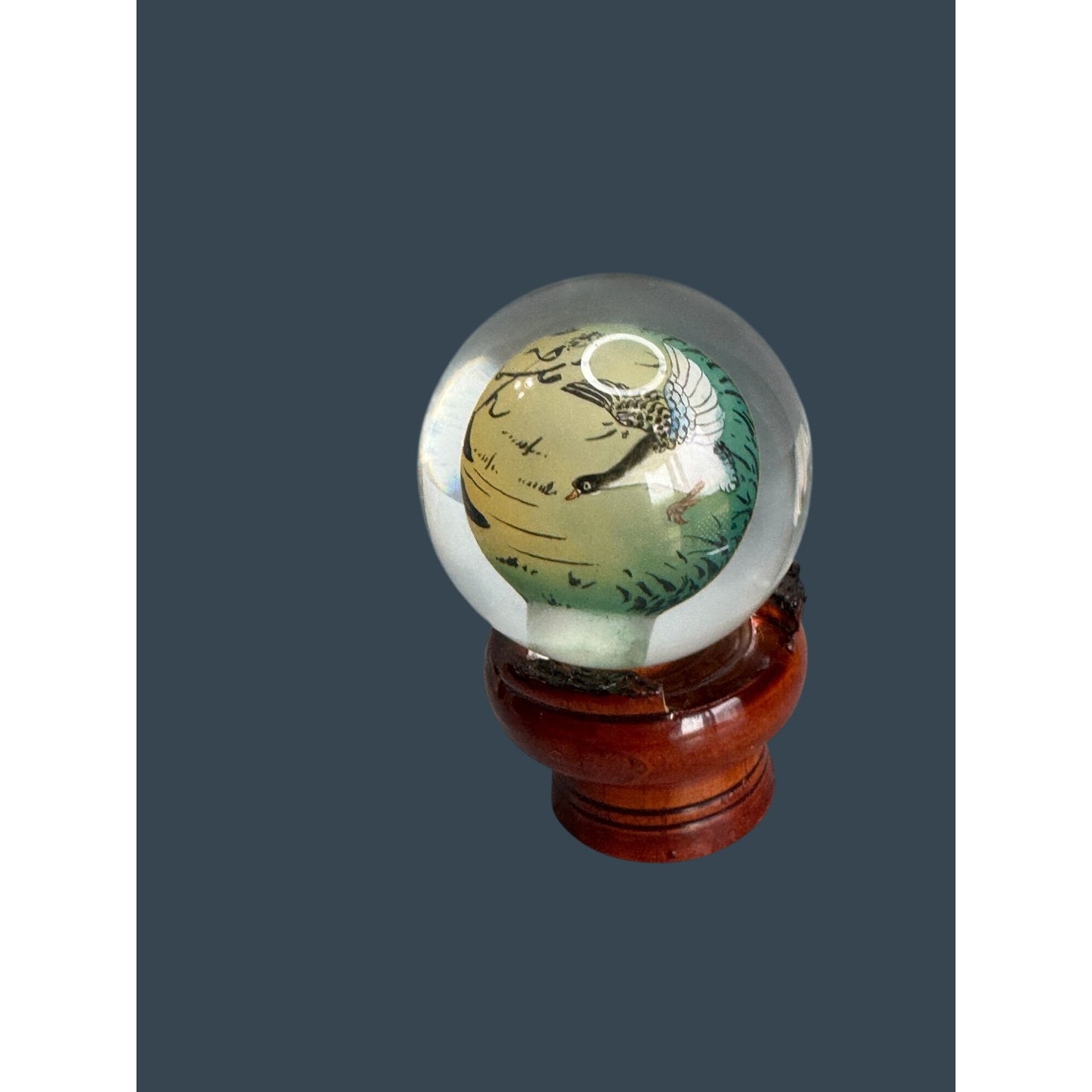 Chinese Reverse Painted Crystal Ball Bird Scene Wood Stand 4 Inch Glass Artwork