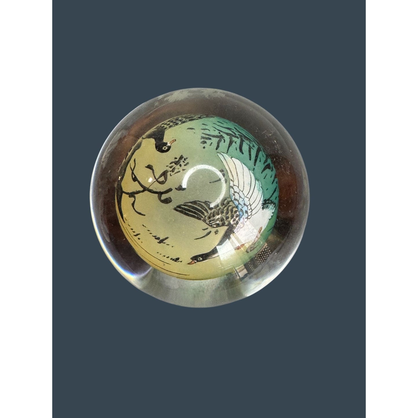 Chinese Reverse Painted Crystal Ball Bird Scene Wood Stand 4 Inch Glass Artwork