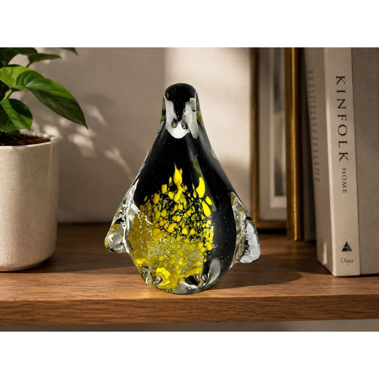 Vintage Art Glass Penguin Paperweight Black Yellow Controlled Bubble 4 1/2"