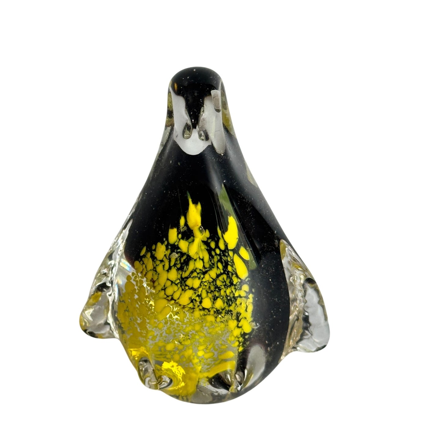 Vintage Art Glass Penguin Paperweight Black Yellow Controlled Bubble 4 1/2"