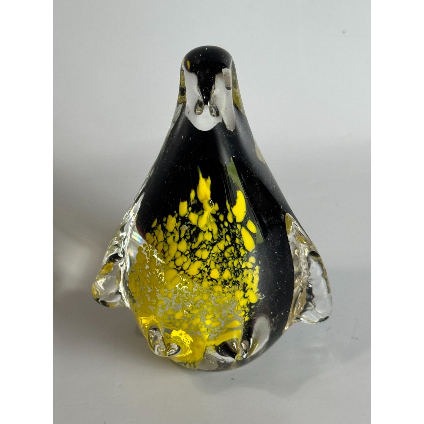 Vintage Art Glass Penguin Paperweight Black Yellow Controlled Bubble 4 1/2"