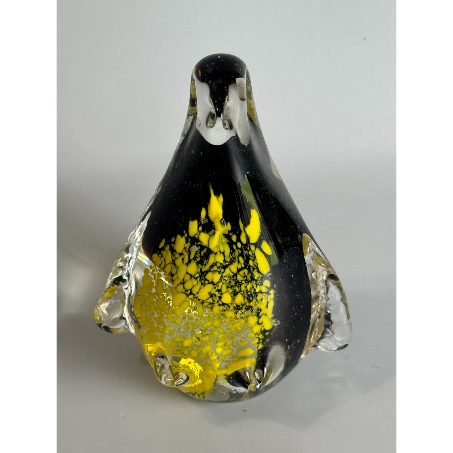 Vintage Art Glass Penguin Paperweight Black Yellow Controlled Bubble 4 1/2"