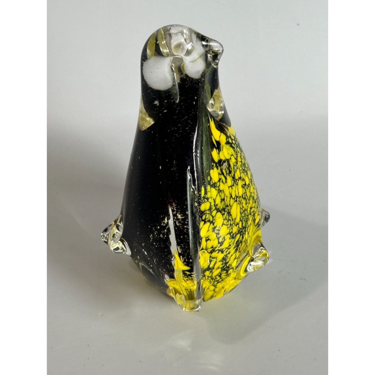 Vintage Art Glass Penguin Paperweight Black Yellow Controlled Bubble 4 1/2"