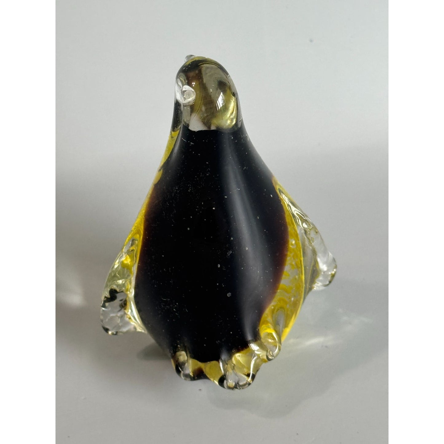 Vintage Art Glass Penguin Paperweight Black Yellow Controlled Bubble 4 1/2"