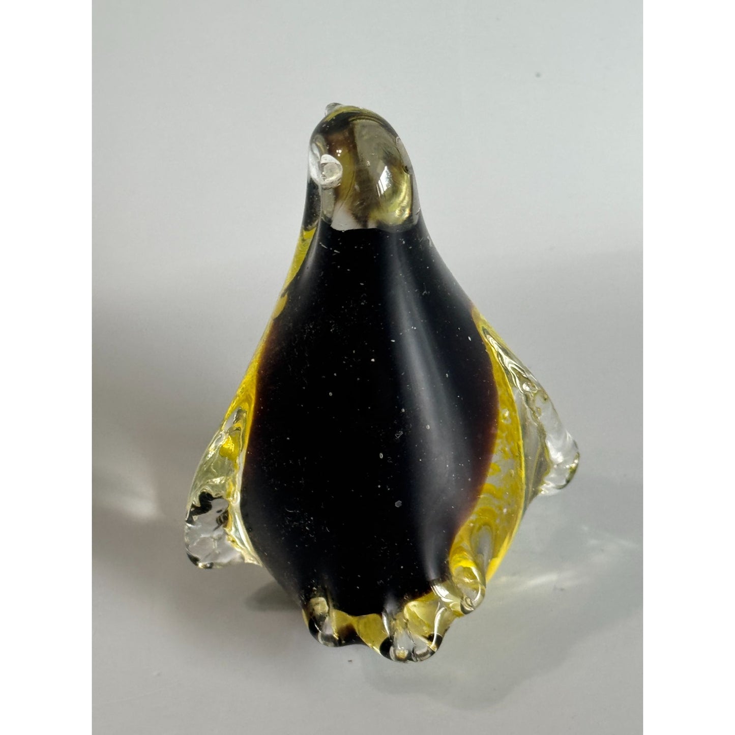 Vintage Art Glass Penguin Paperweight Black Yellow Controlled Bubble 4 1/2"