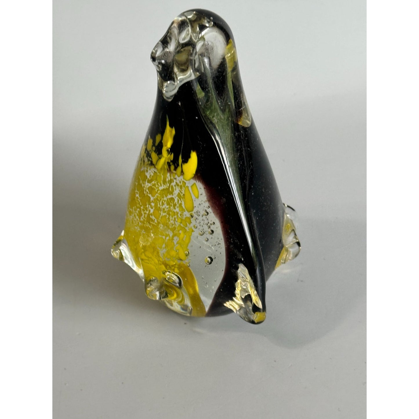 Vintage Art Glass Penguin Paperweight Black Yellow Controlled Bubble 4 1/2"