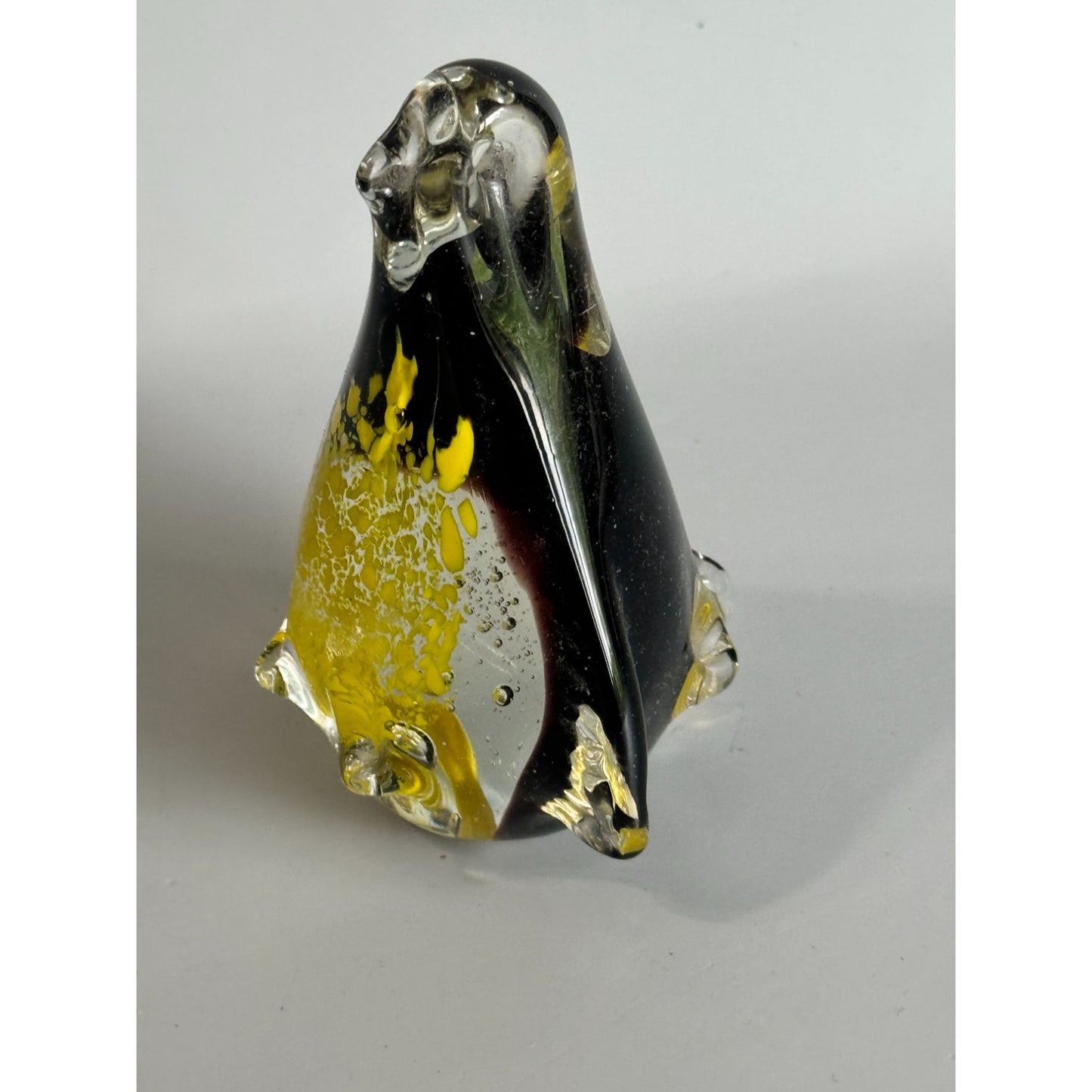 Vintage Art Glass Penguin Paperweight Black Yellow Controlled Bubble 4 1/2"