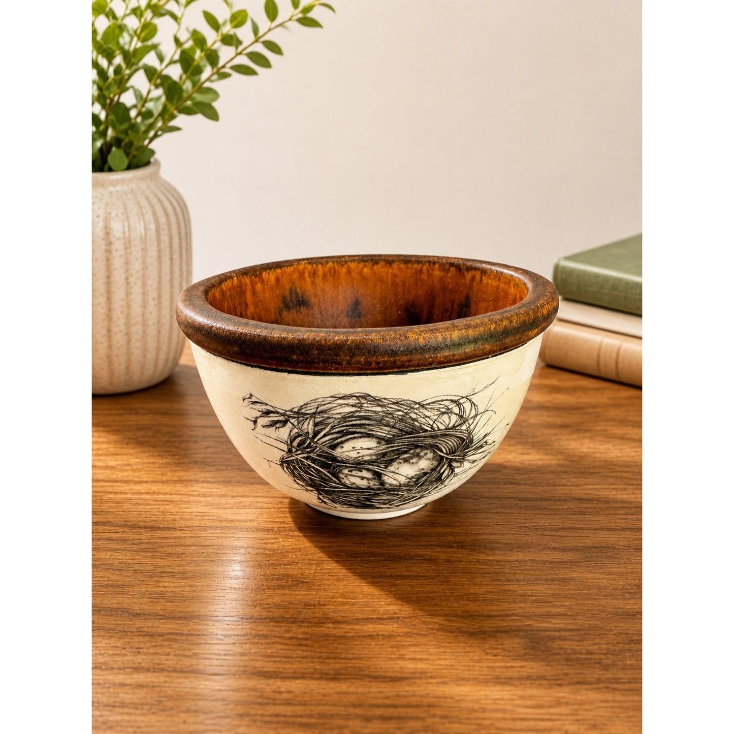 Laura Zindel Quail Nest Pottery Bowl Bird Art Brown Glaze 4 3/4" Signed