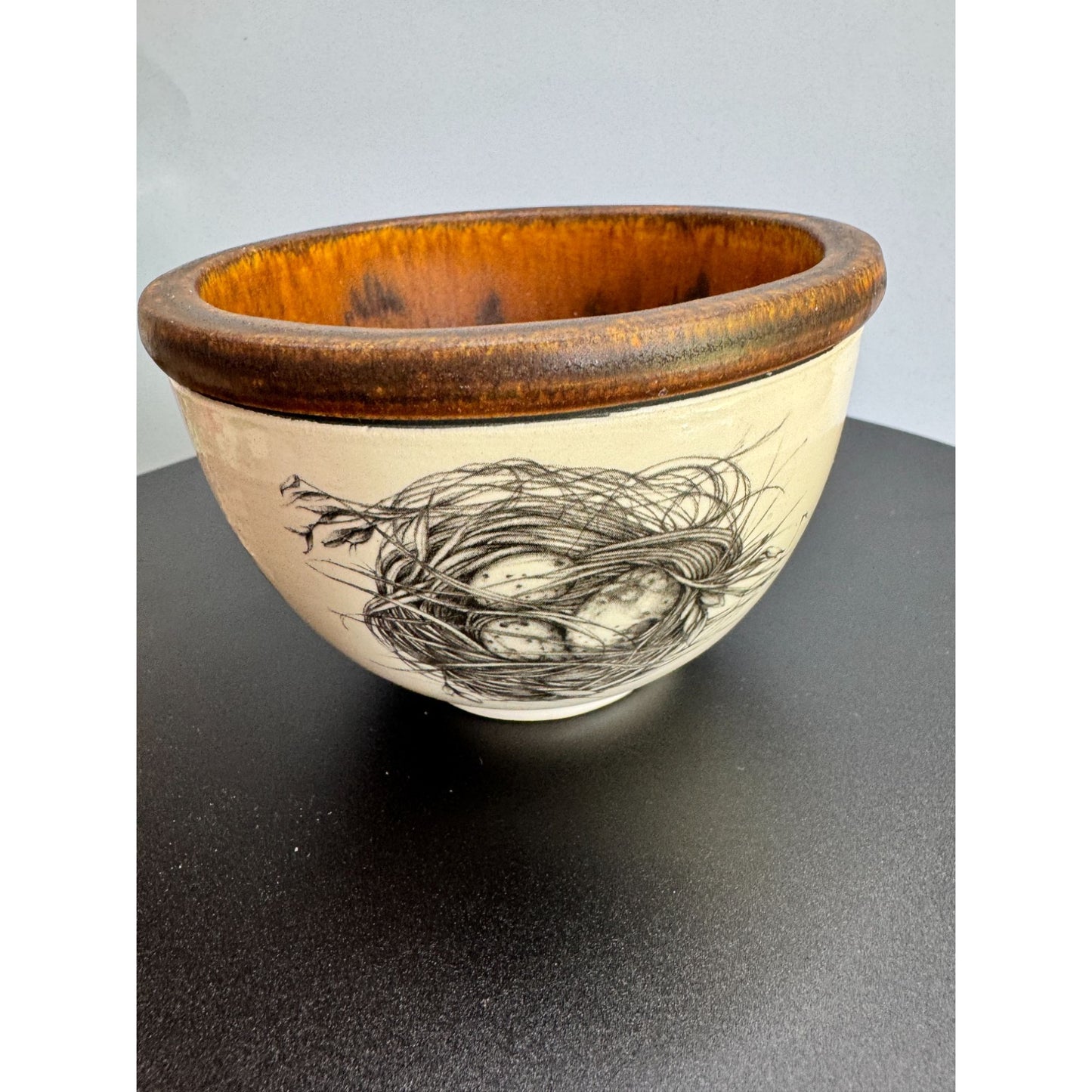 Laura Zindel Quail Nest Pottery Bowl Bird Art Brown Glaze 4 3/4" Signed