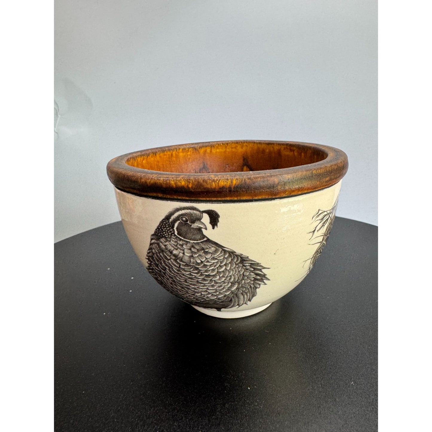 Laura Zindel Quail Nest Pottery Bowl Bird Art Brown Glaze 4 3/4" Signed