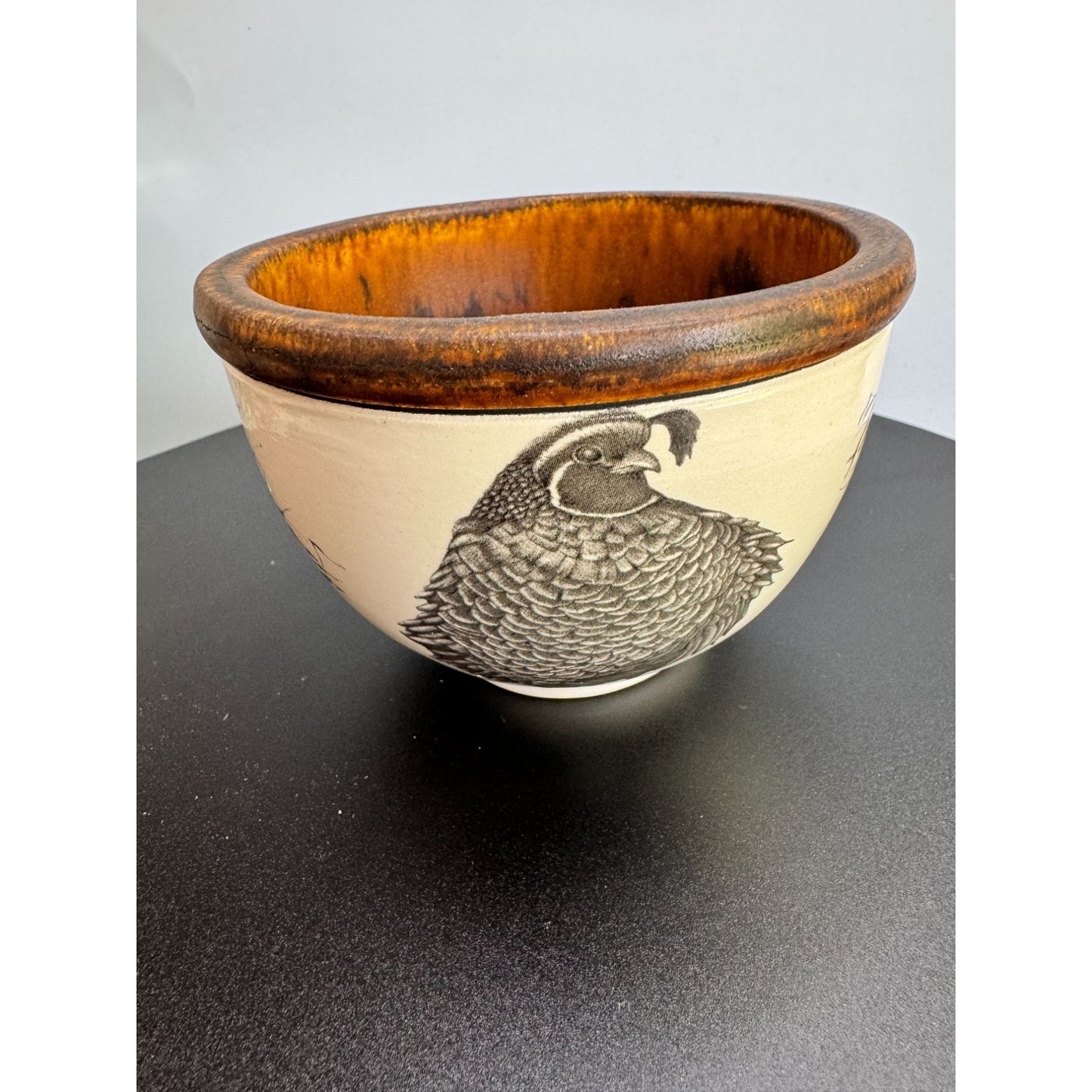 Laura Zindel Quail Nest Pottery Bowl Bird Art Brown Glaze 4 3/4" Signed