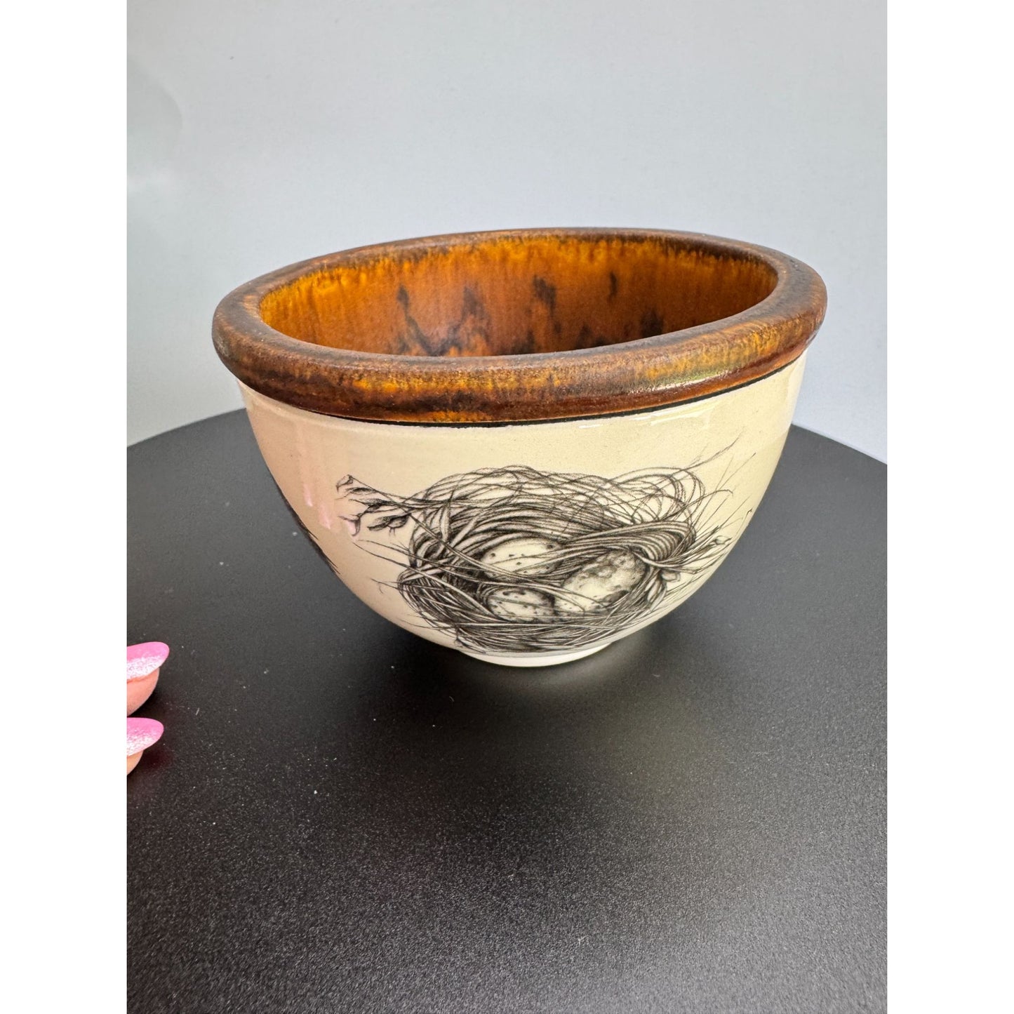 Laura Zindel Quail Nest Pottery Bowl Bird Art Brown Glaze 4 3/4" Signed