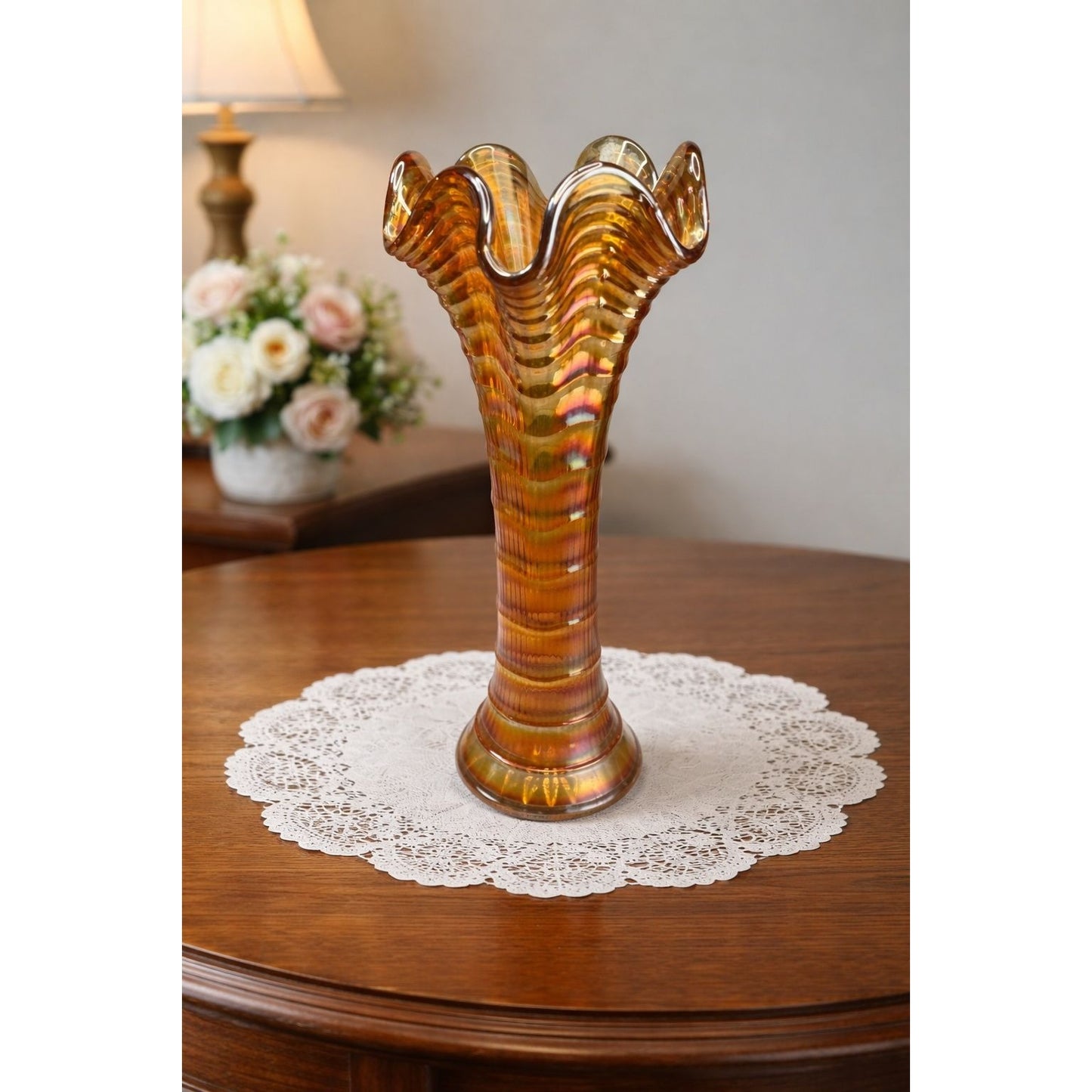 Antique Marigold Carnival Funeral Vase Ruffled Rim Glass Ribbed 10.5 Inch Tall