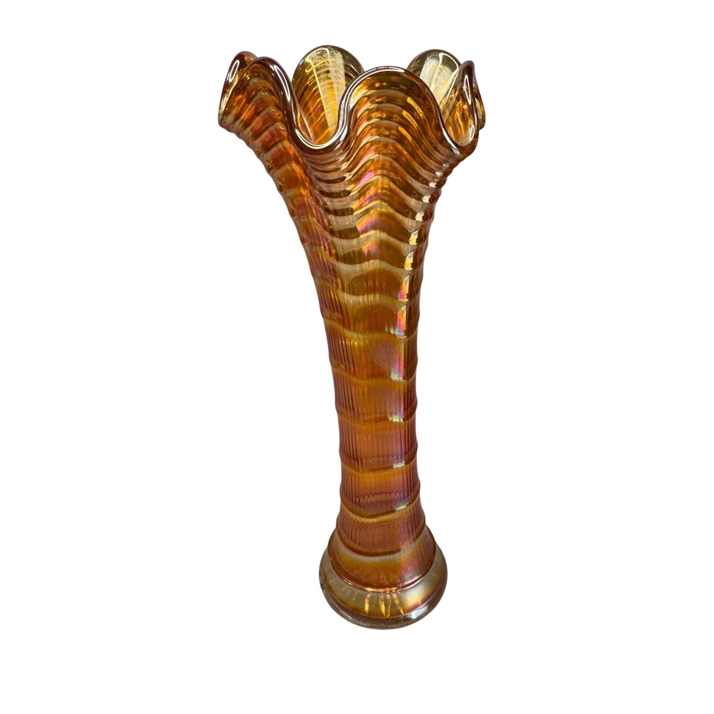 Antique Marigold Carnival Funeral Vase Ruffled Rim Glass Ribbed 10.5 Inch Tall