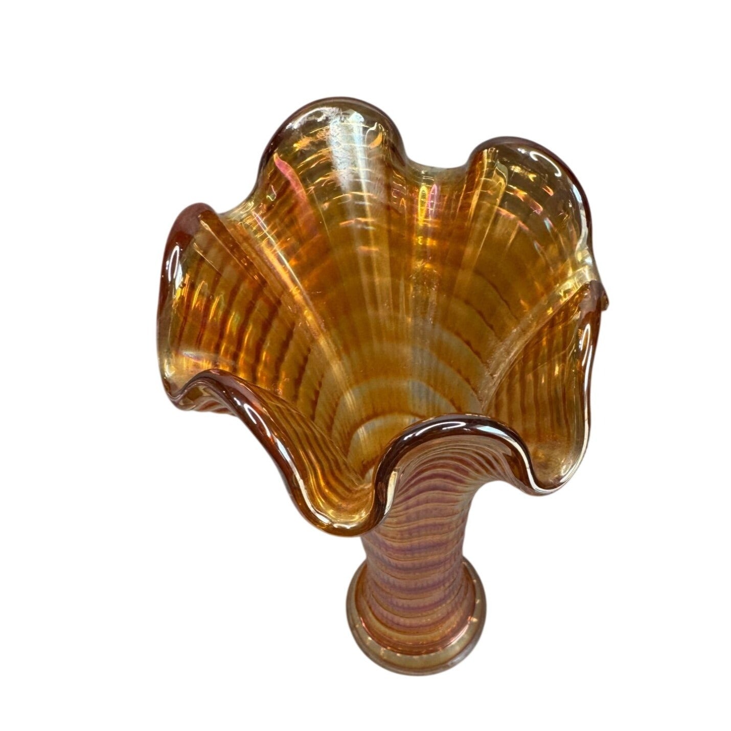 Antique Marigold Carnival Funeral Vase Ruffled Rim Glass Ribbed 10.5 Inch Tall