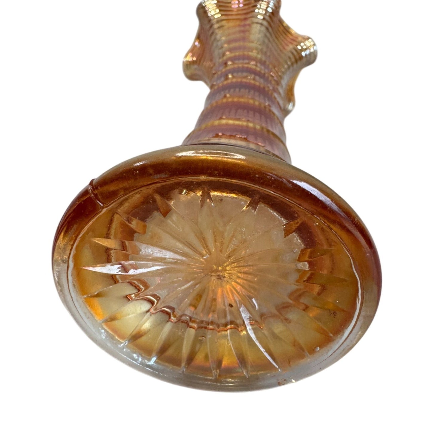Antique Marigold Carnival Funeral Vase Ruffled Rim Glass Ribbed 10.5 Inch Tall