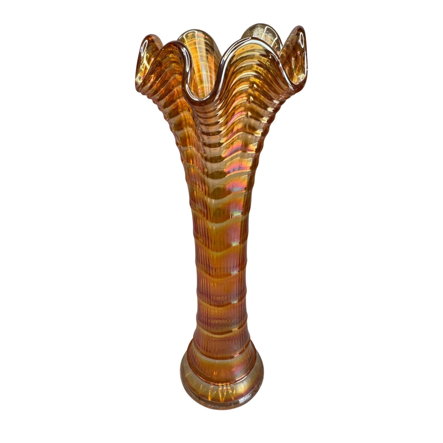 Antique Marigold Carnival Funeral Vase Ruffled Rim Glass Ribbed 10.5 Inch Tall