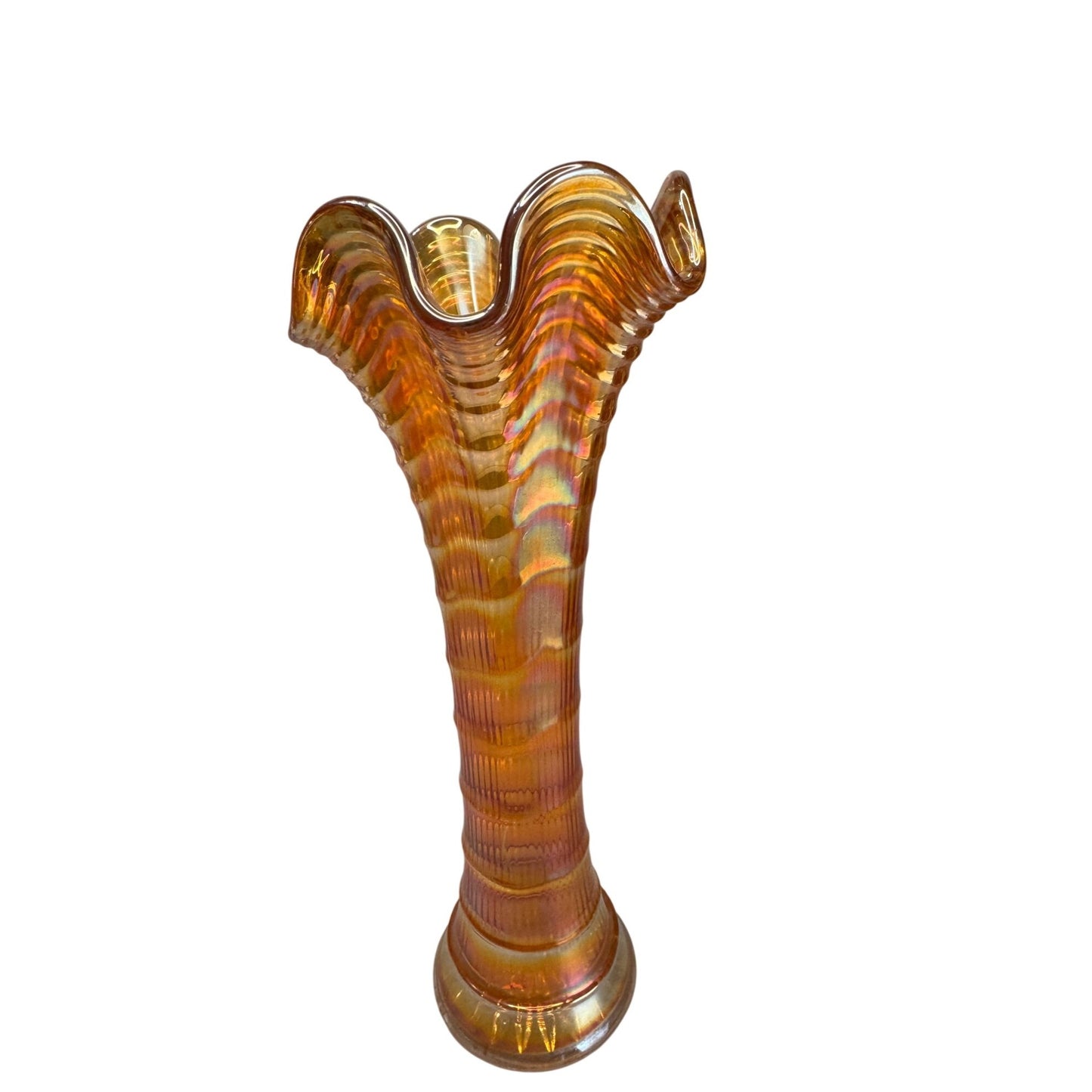 Antique Marigold Carnival Funeral Vase Ruffled Rim Glass Ribbed 10.5 Inch Tall