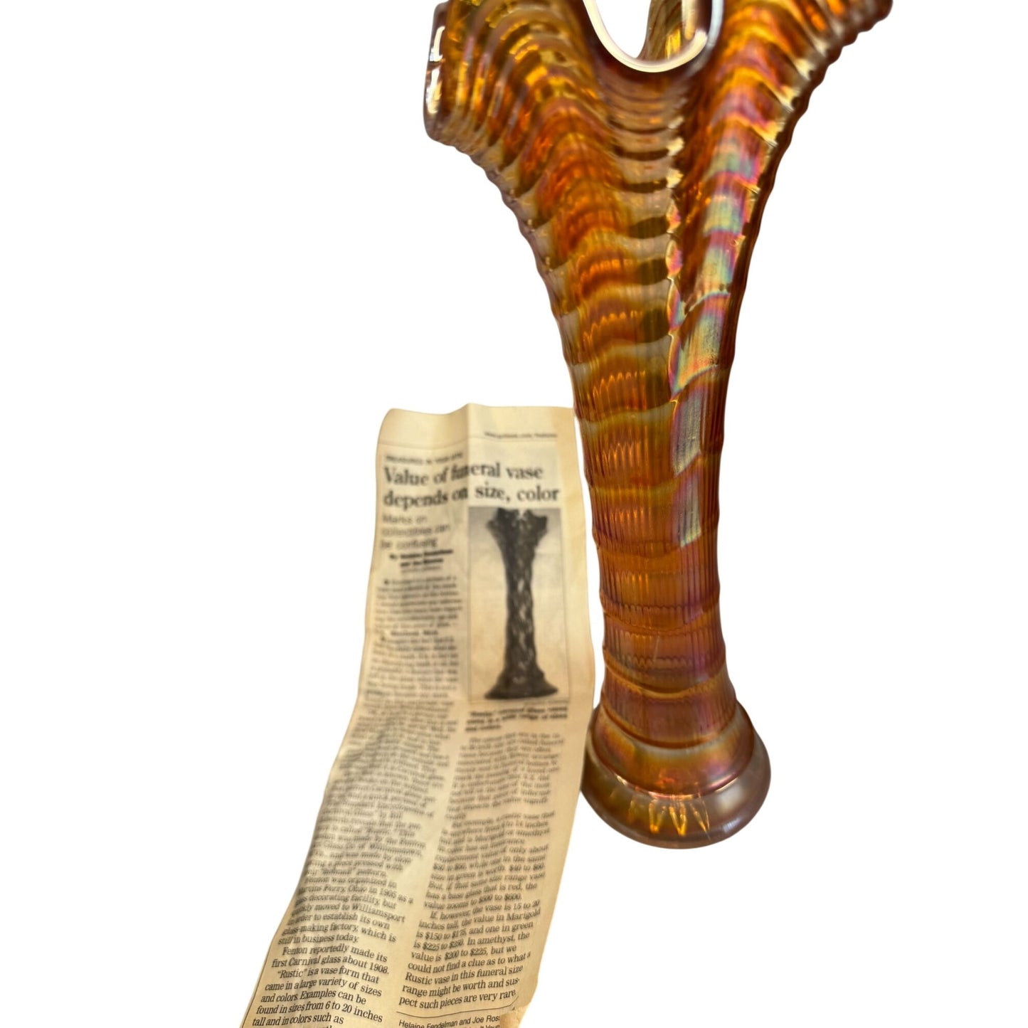 Antique Marigold Carnival Funeral Vase Ruffled Rim Glass Ribbed 10.5 Inch Tall