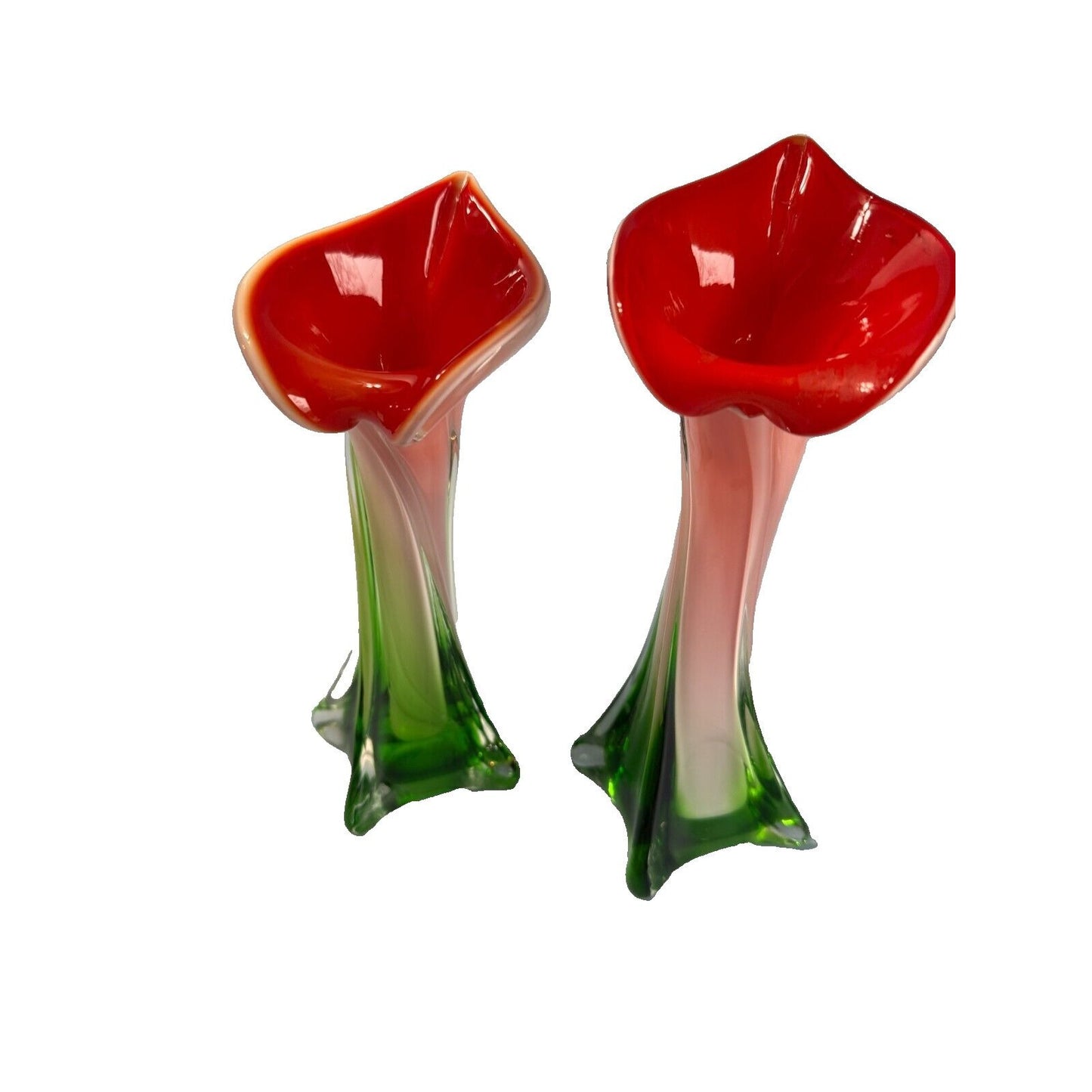 Pair Of Vintage Murano Jack In The Pulpit Calla Lily Vases Italy 8" & 9"