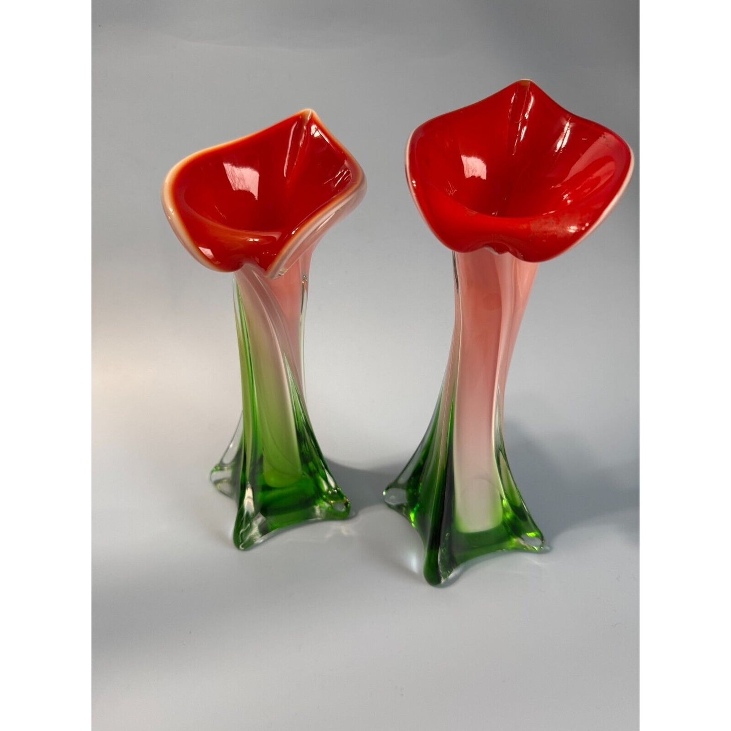 Pair Of Vintage Murano Jack In The Pulpit Calla Lily Vases Italy 8" & 9"