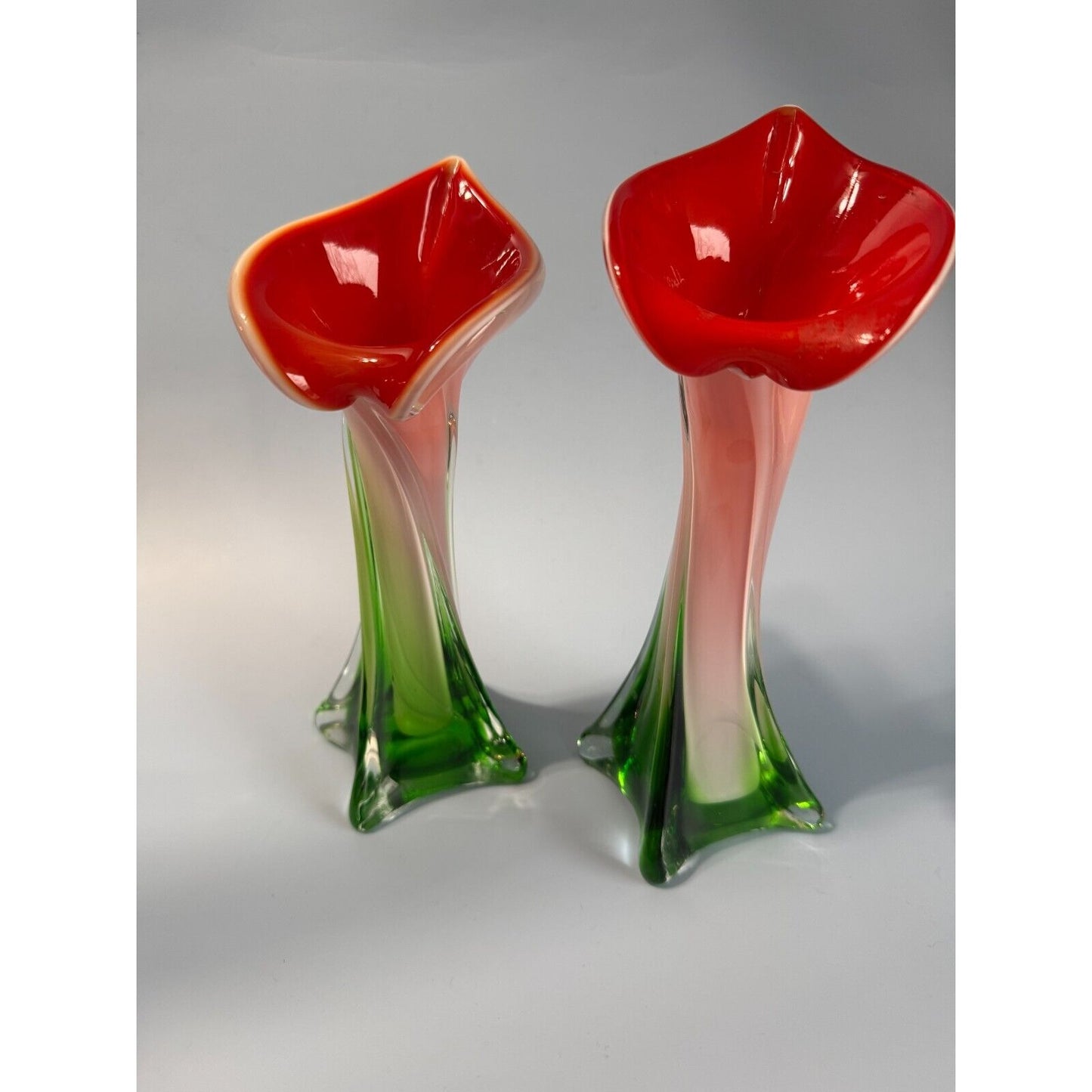 Pair Of Vintage Murano Jack In The Pulpit Calla Lily Vases Italy 8" & 9"