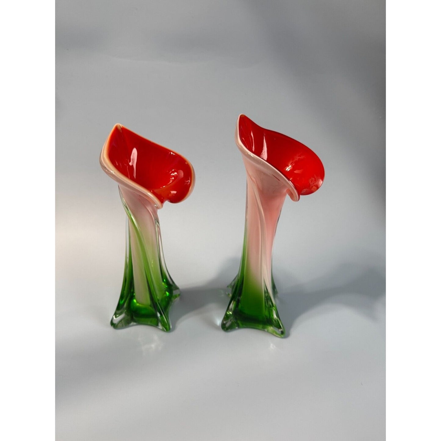 Pair Of Vintage Murano Jack In The Pulpit Calla Lily Vases Italy 8" & 9"