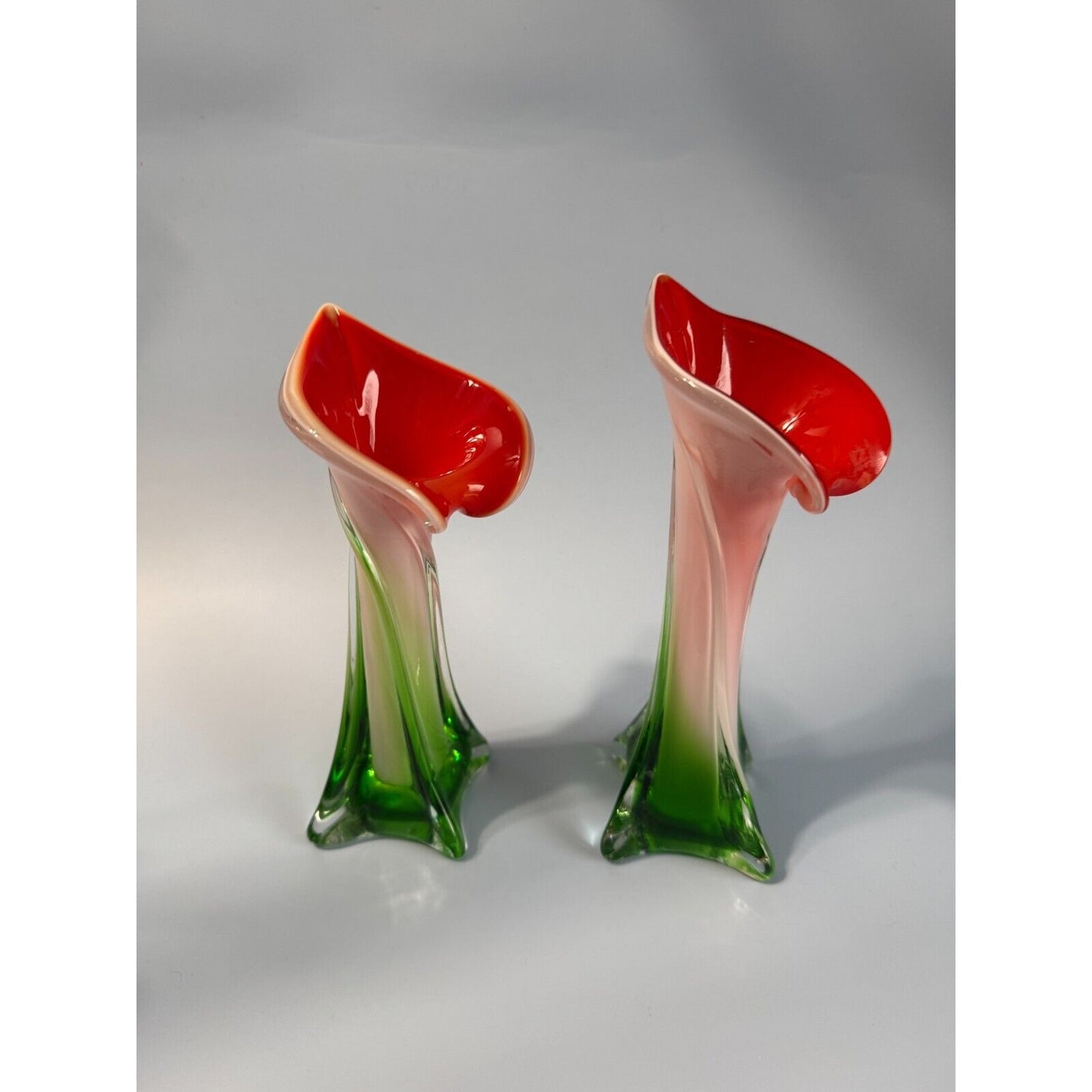 Pair Of Vintage Murano Jack In The Pulpit Calla Lily Vases Italy 8" & 9"