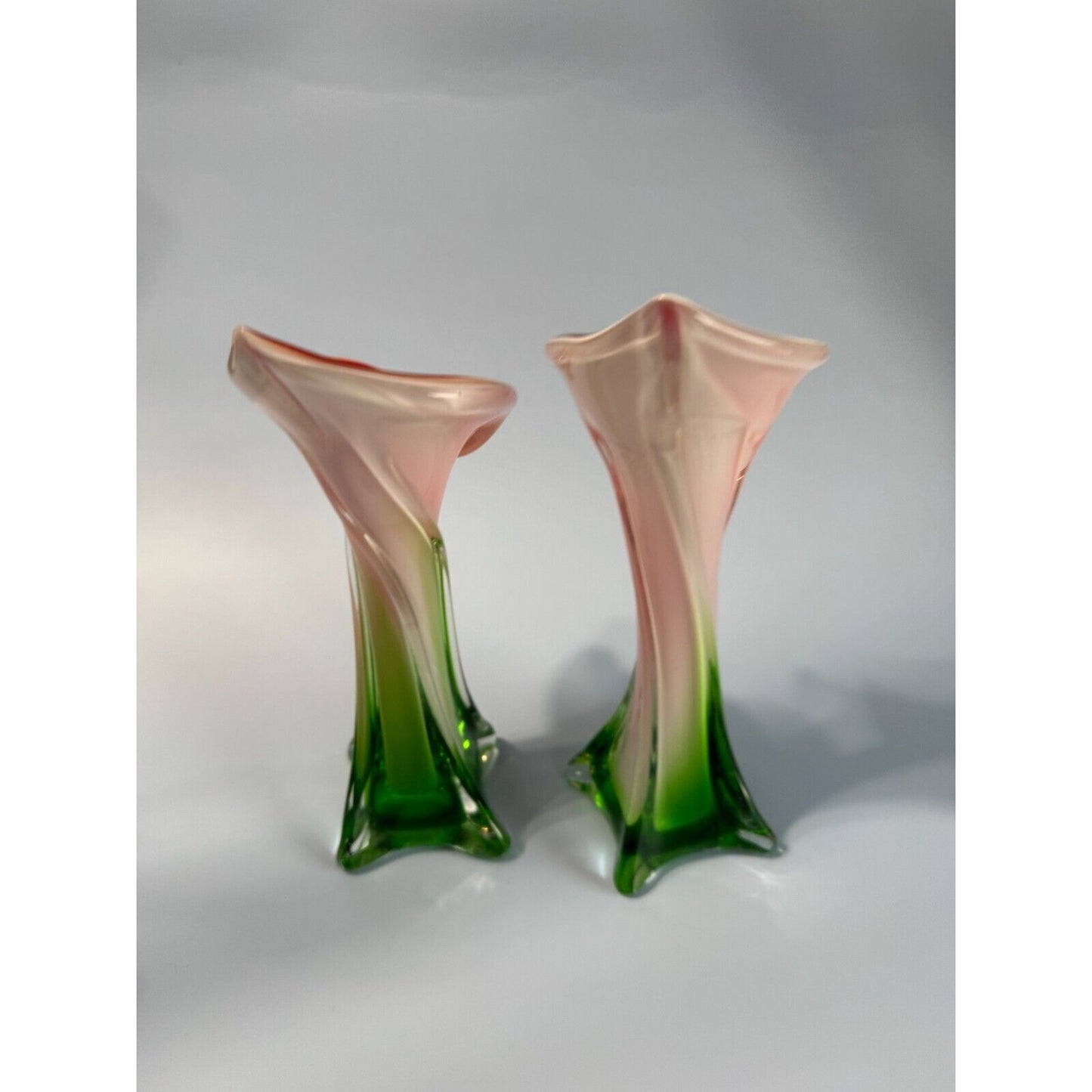 Pair Of Vintage Murano Jack In The Pulpit Calla Lily Vases Italy 8" & 9"